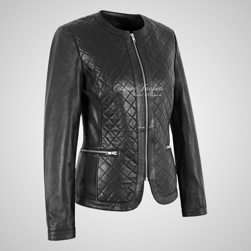 EMBERLY Women Collarless Leather Jacket Quilted Body