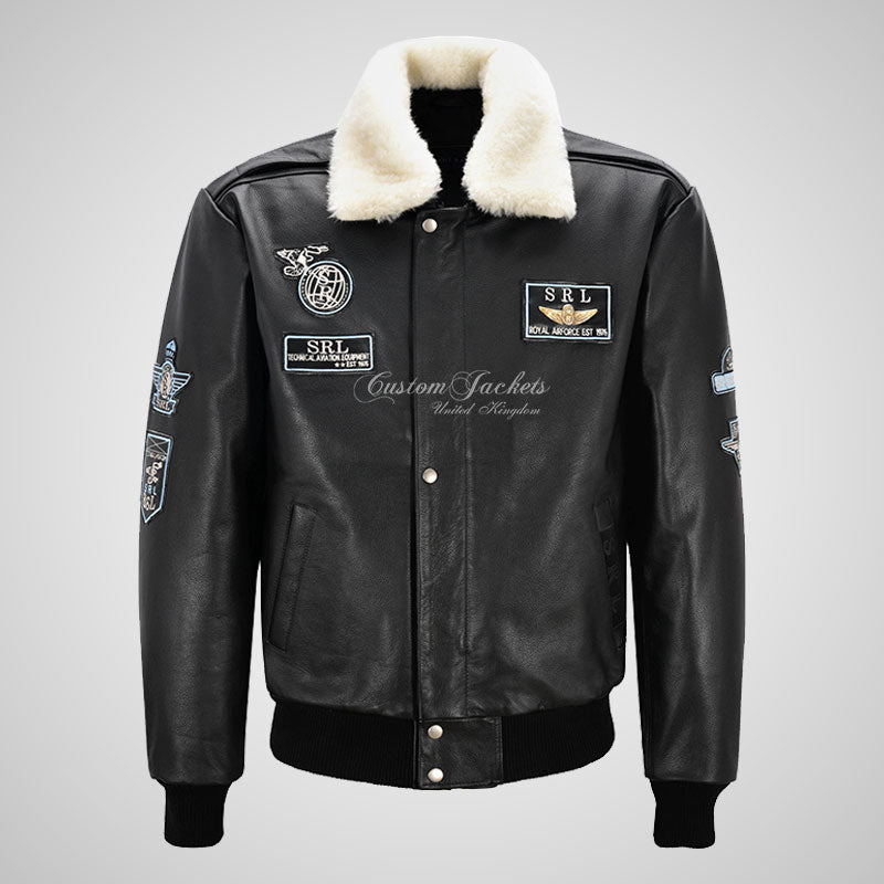 TRAP Leather Bomber Pilot Jacket With Detachable Fur Collar