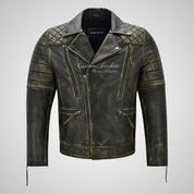NOLEN Mens Vintage Yellow Leather Biker Jacket Black Waxed Leather