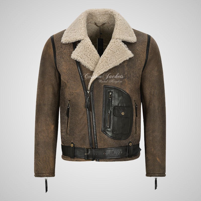 ASTER Men's Biker Sheepskin Pilot Jacket Beige Fur Shearling