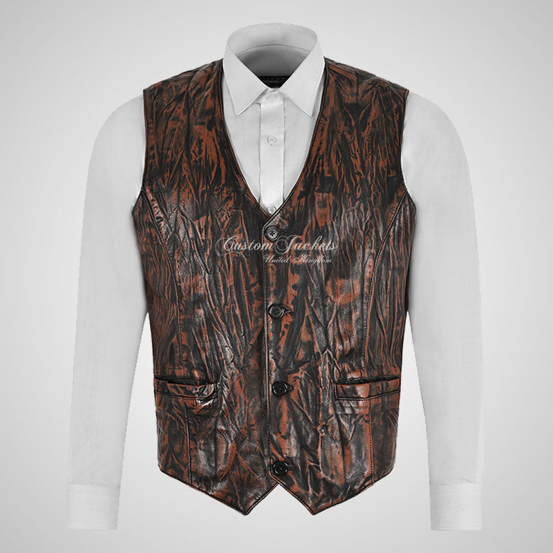 YORK Men's Wrinkle Effect Leather Waistcoat Soft Waxed Leather