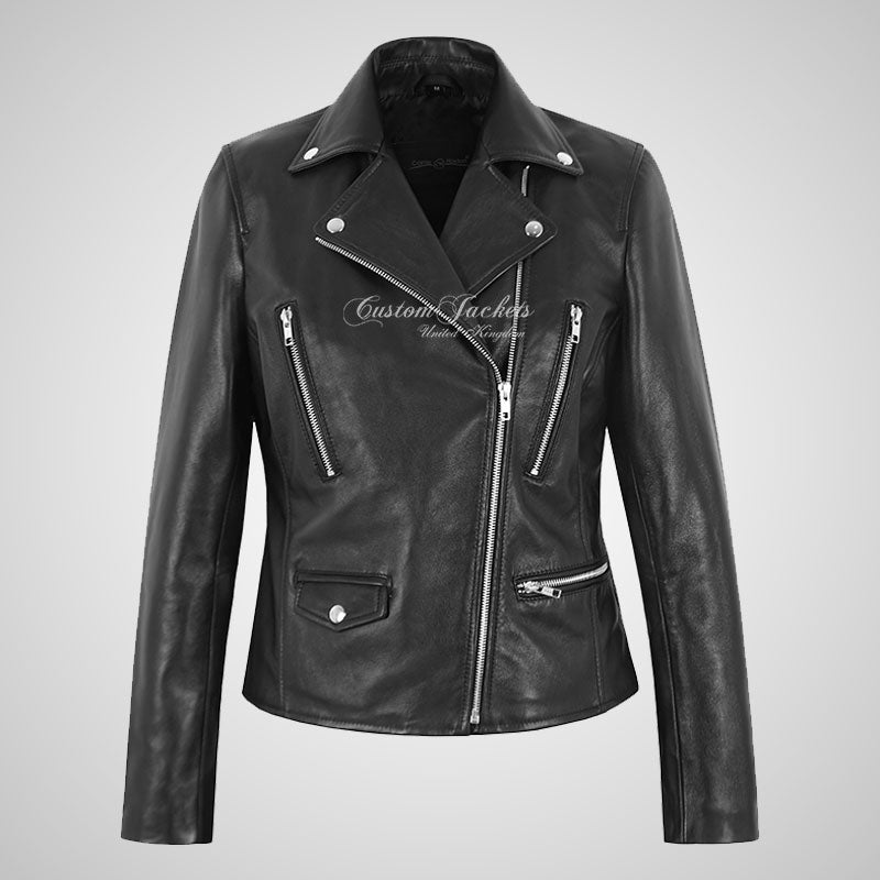 EMBER Ladies Black Biker Leather Jacket Soft Real Leather