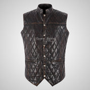 PATRAS Quilted Leather Waistcoat For Mens Mandarin Collar