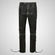 TROOPER Mens Laced Biker Style Leather Pants Soft Lamb Leather