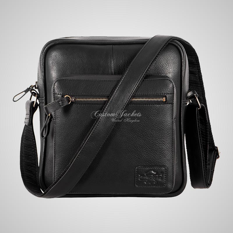 Men's Black Leather Reporter Bag Crossbody Shoulder Travel Bag