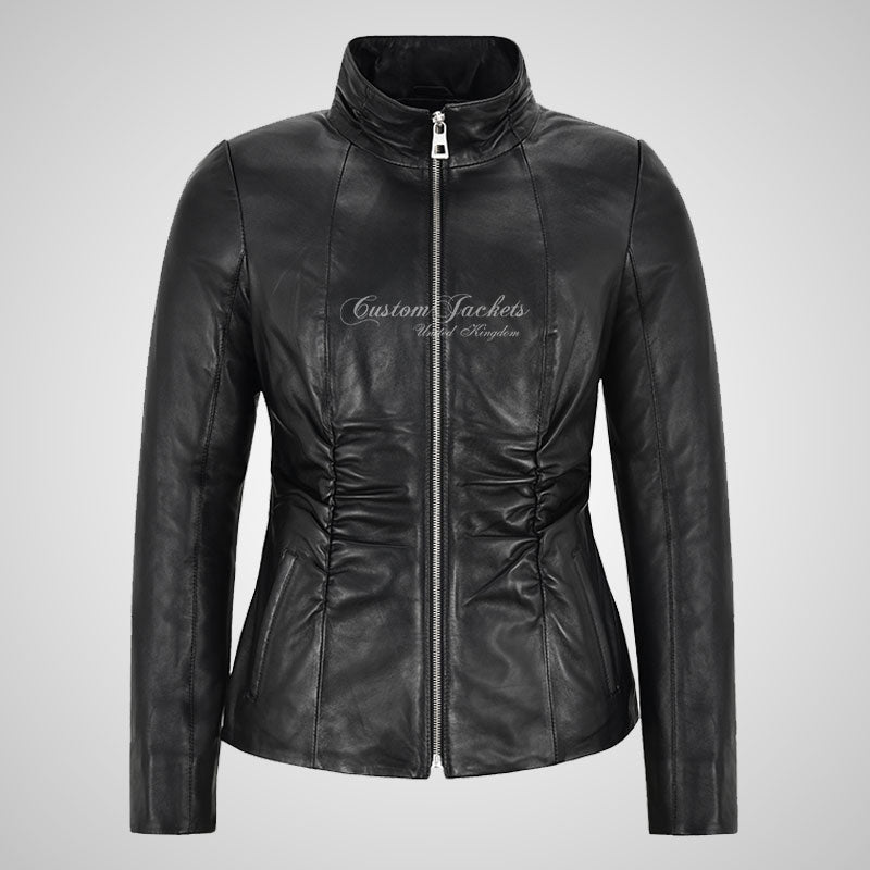 ELORA Ladies Shirring Leather Jacket Black