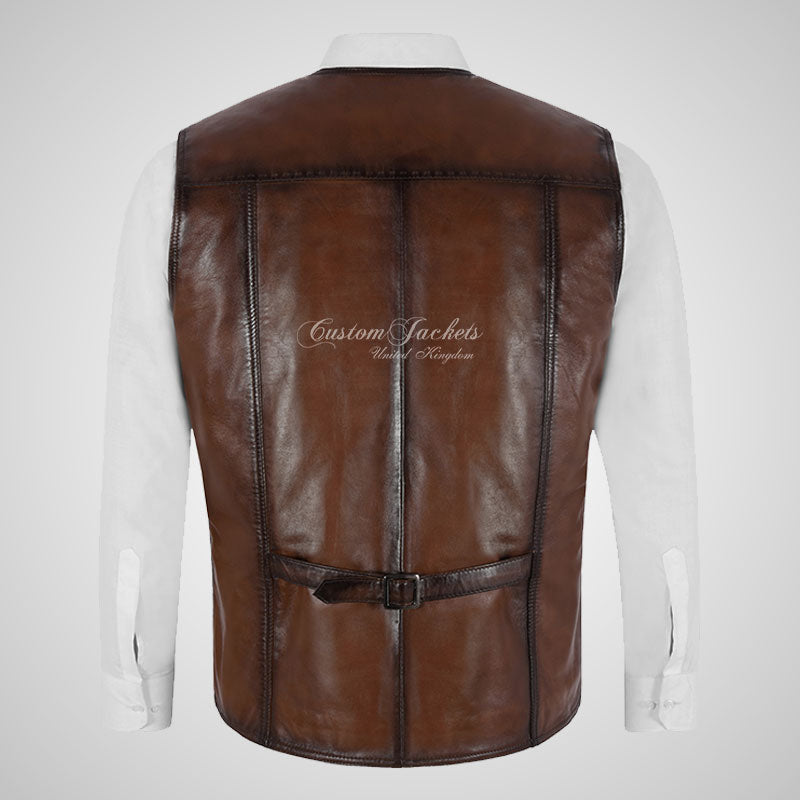 TRIX Leather Waistcoat For Mens Dark Saddle Soft Leather