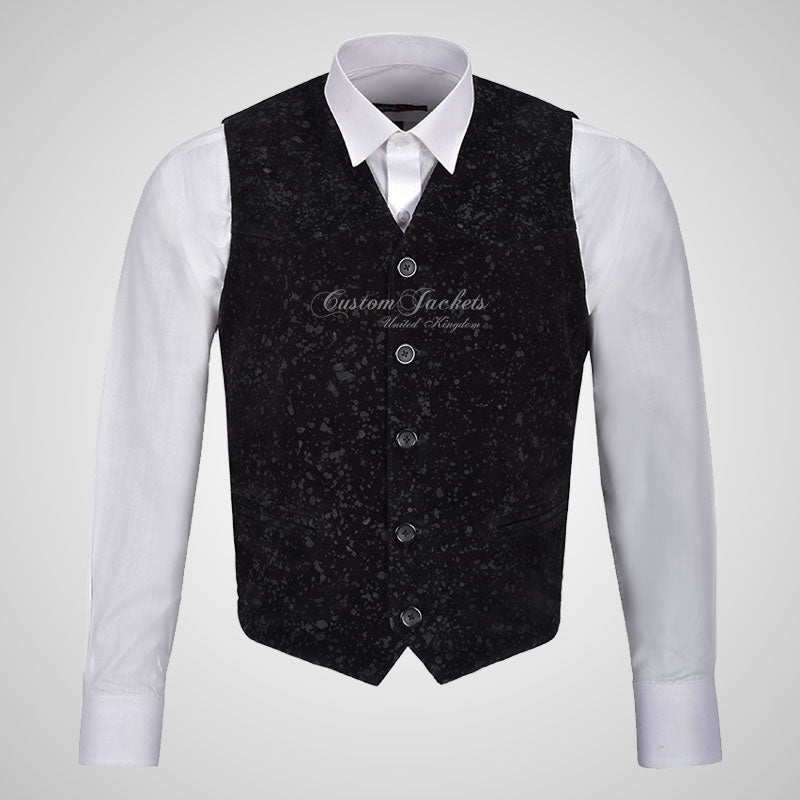 AUTOGRAPH Black Designer Rusty Suede Leather Waistcoat for Mens