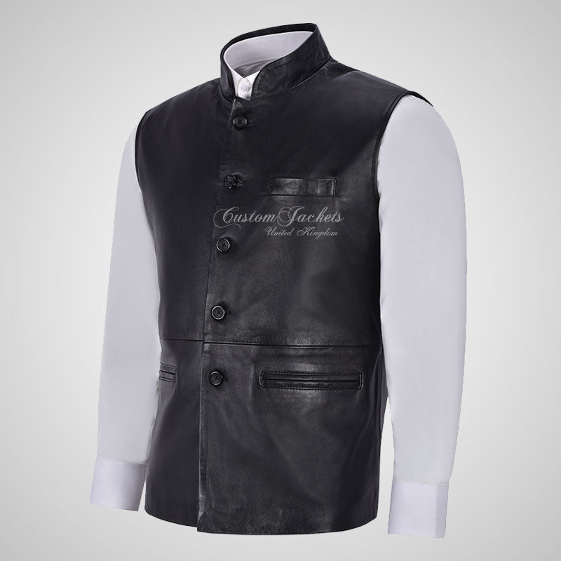 NEHRU Mandarin Collar Leather Waistcoat For Mens Soft Leather