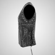 GELINE Black Leather Studded Laced Biker Leather Waistcoat for Women
