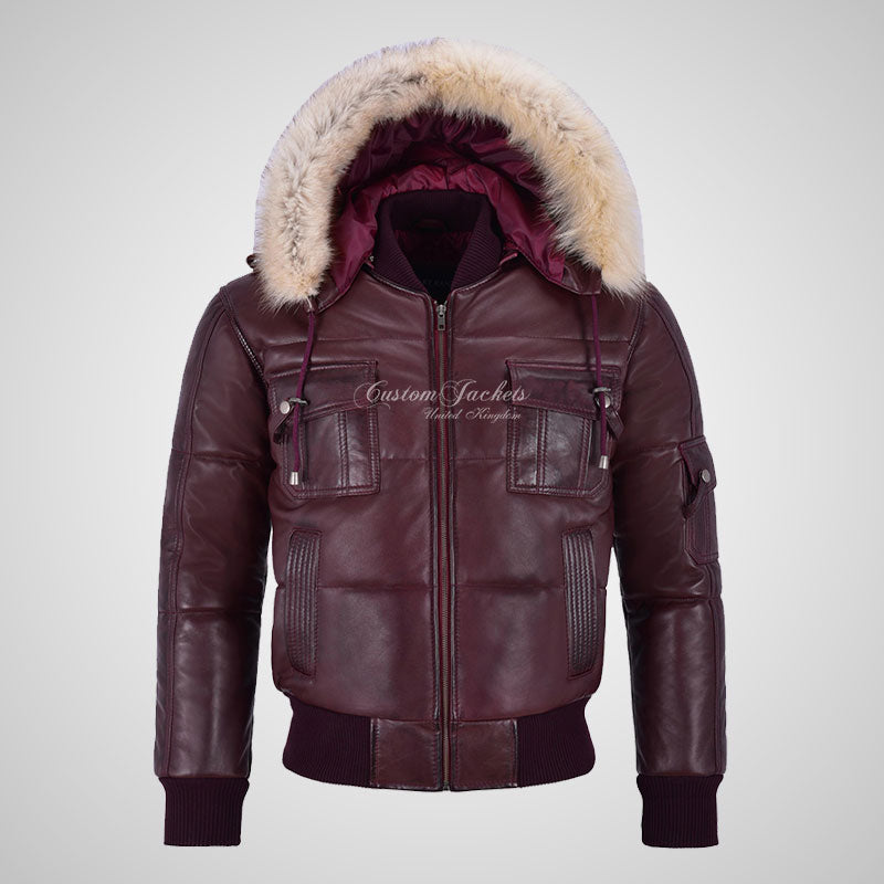 LOCKHEED Men Puffer Padded Bomber Leather Jacket with Removable Fur Hood
