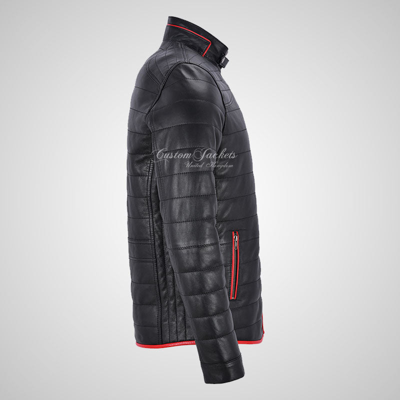 DALTON Men's Puffer Leather Jacket Black Padded Blouson