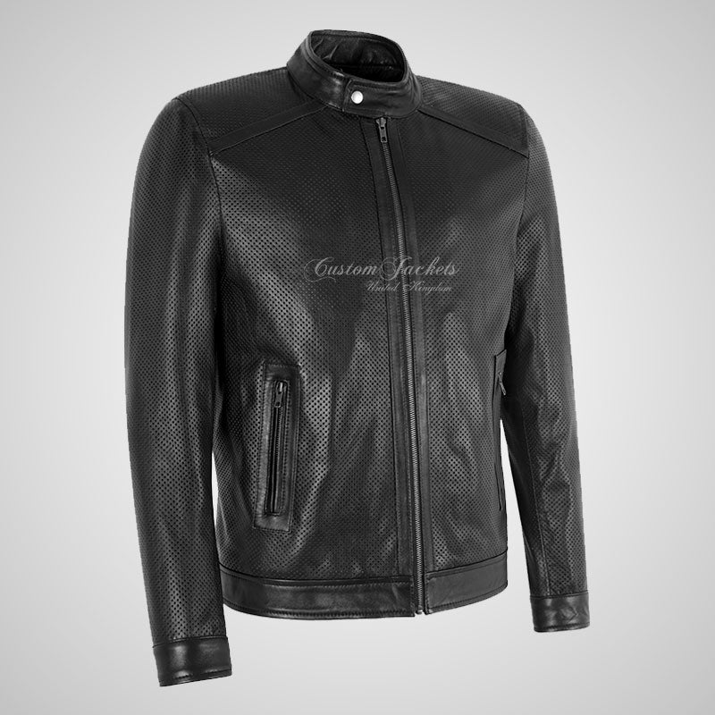 KOBE Perforated Leather Mens Biker Style Fashion Jacket Black