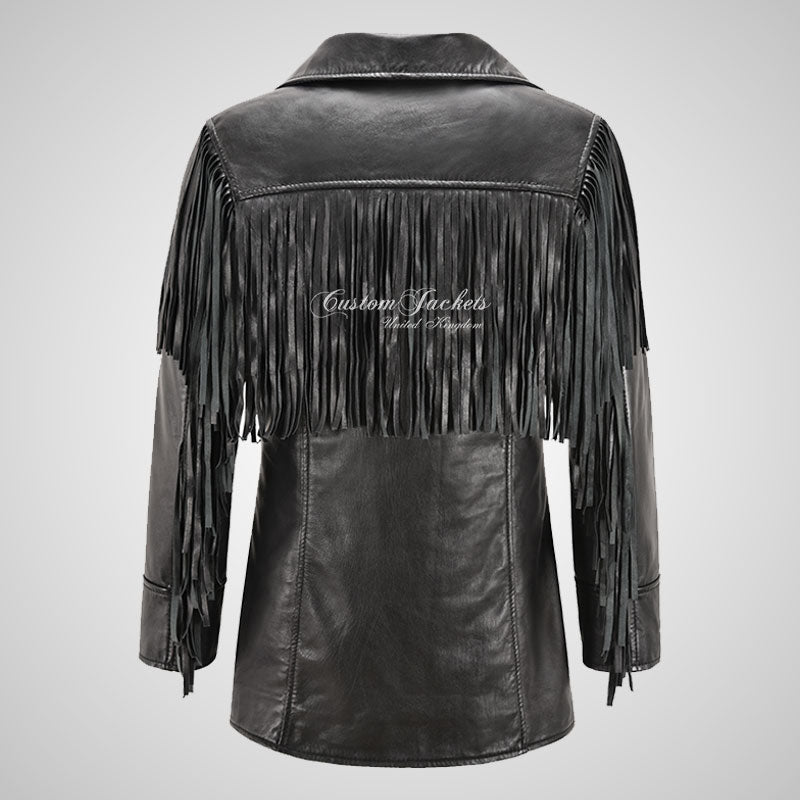 FREE SPIRIT Fringe Leather Biker Jacket For Women Black