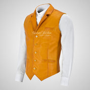 ALDON Notch Lapel Collar Vintage Leather Waistcoat For Mens
