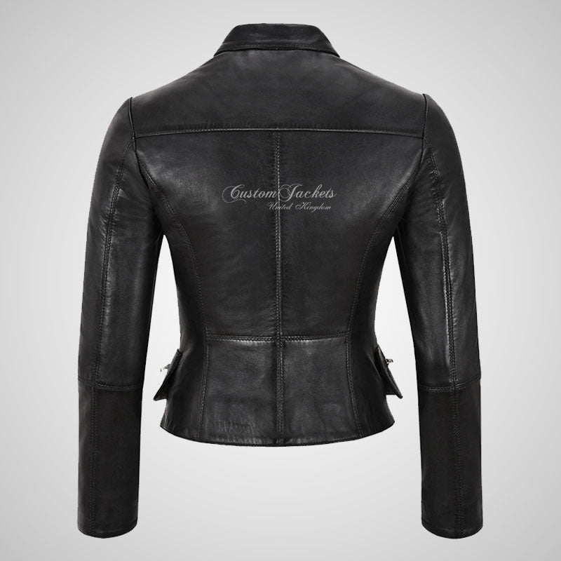 KAYLEE Ladies Black Leather Jacket Shirt Collar Fitted