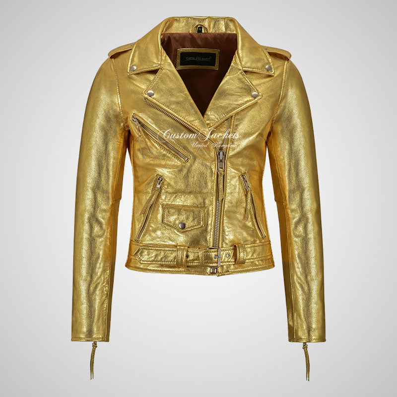 BRANDO Ladies Biker Leather Jacket: Stunning Golden and Silver