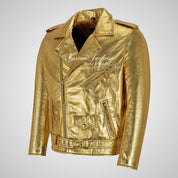 MARLON BRANDO Mens Biker Leather Jacket Golden and Silver Colors