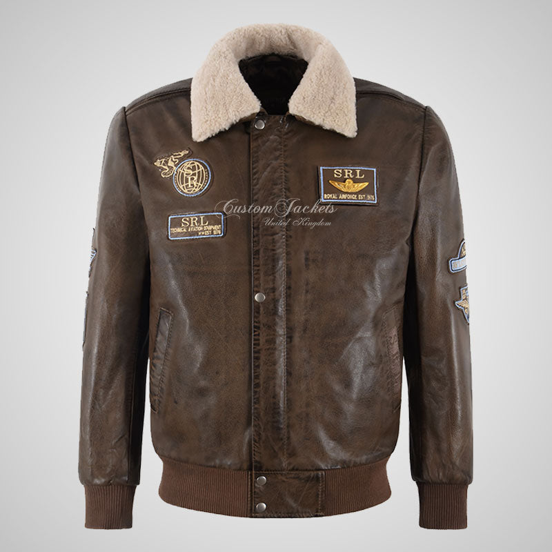 TRAP Leather Bomber Pilot Jacket Brown Detachable Fur Collar