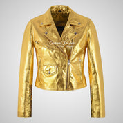 MASY Ladies Biker Leather Silver and Golden Fitted Real Leather Jacket