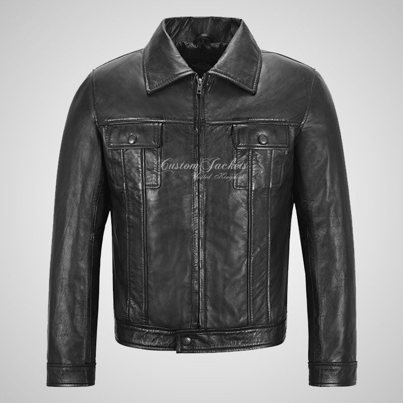 ELEVIS Mens Shirt Collar Leather Jacket Soft Leather Shacket