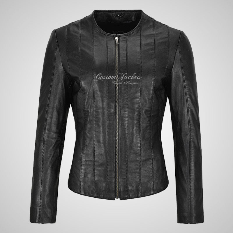 IBIZA Ladies Collarless Leather Jacket Black