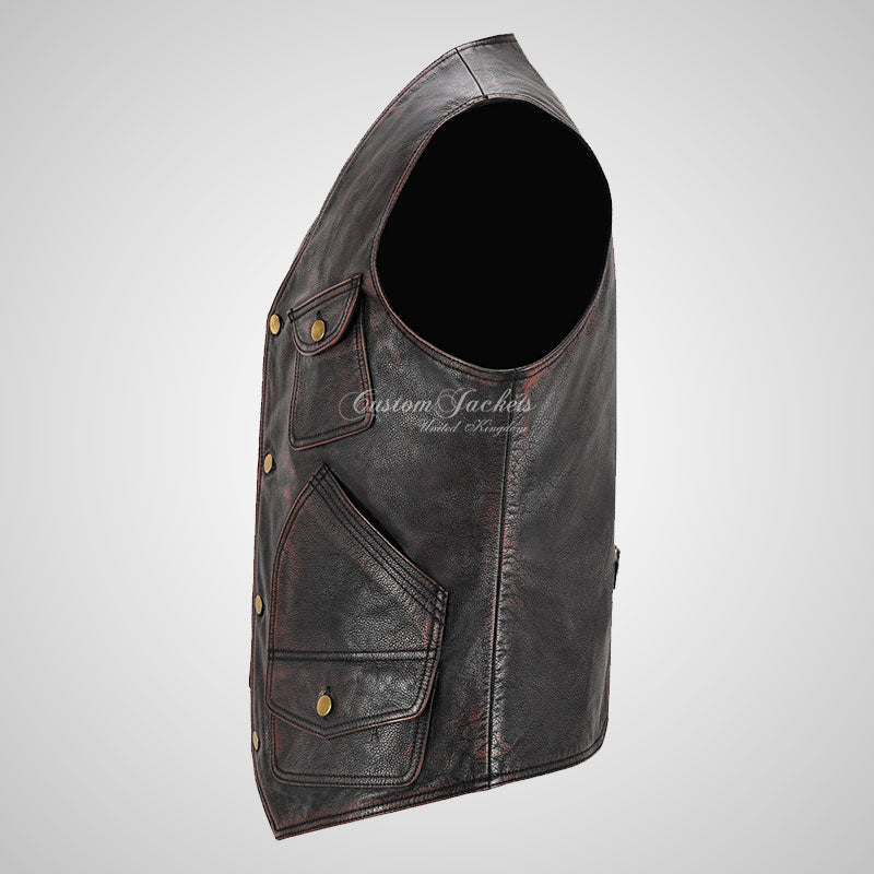 MEX Bikers Leather Vest Vintage Waxed Leather Gilet Waistcoat