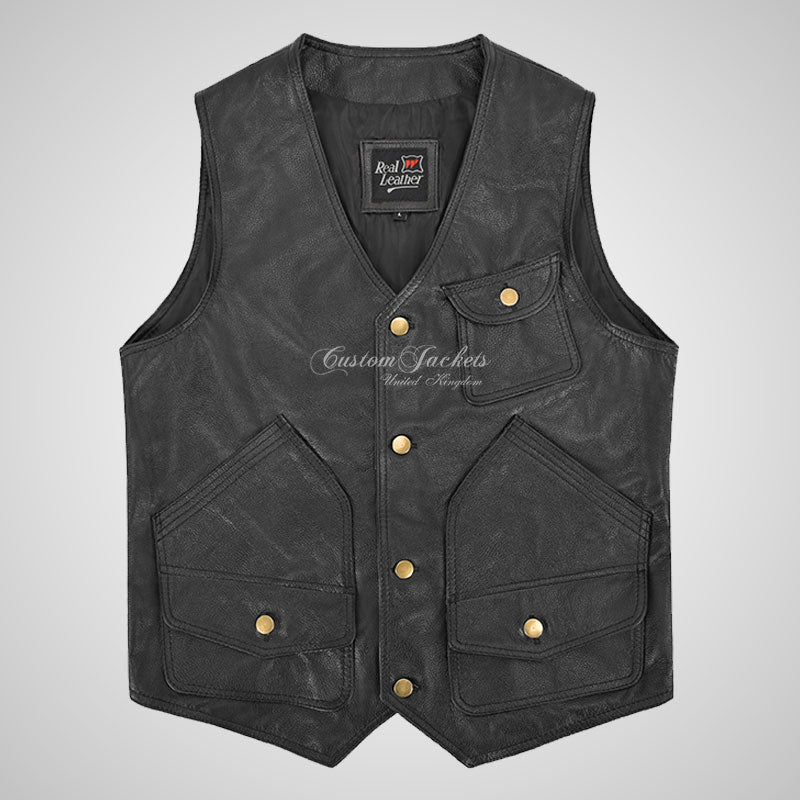 MEX Bikers Leather Vest Black Leather Gilet Waistcoat