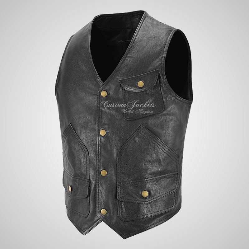 MEX Bikers Leather Vest Black Leather Gilet Waistcoat