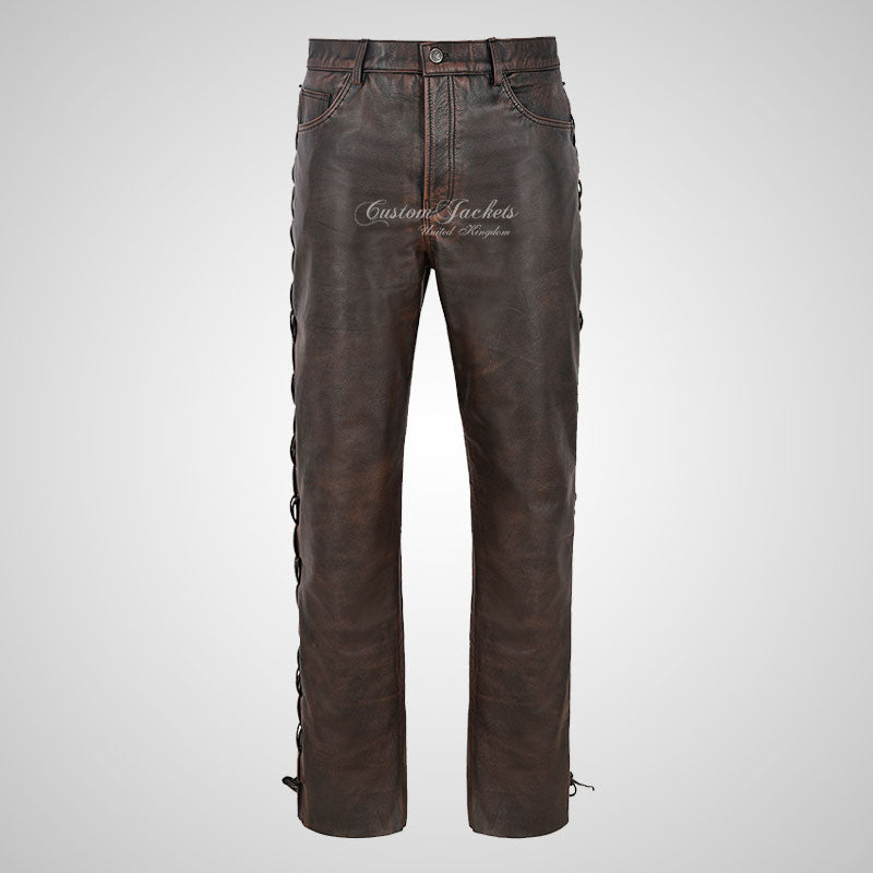 TROOPERS Men's Biker Vintage Leather Laced Pants