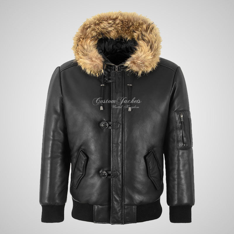 DI MARCO Mens Hooded Leather Jacket Removeable Hood Bomber Jacket