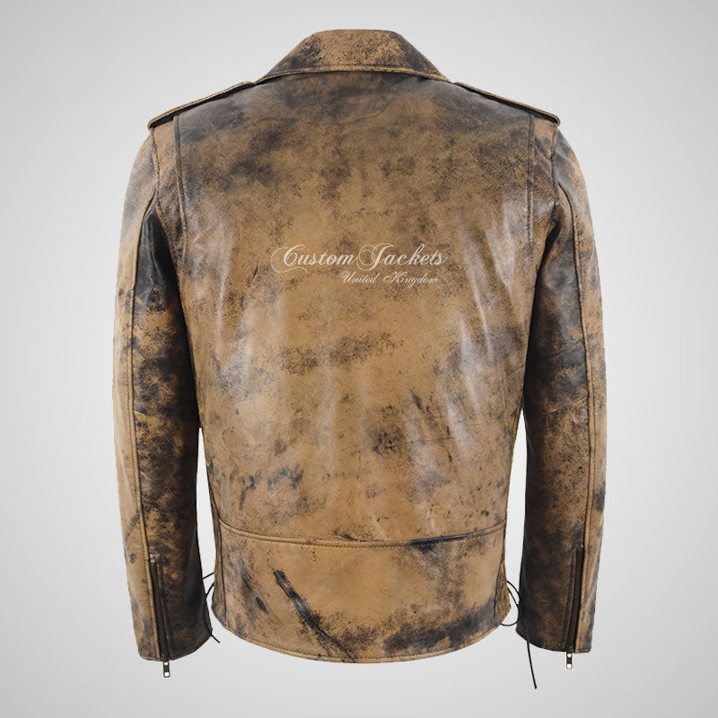 RUSTY ROADSTER Mens Leather Biker Jacket Beige Rusty Vintage