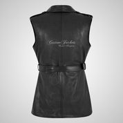 ZURI Lapel Collar Belted Leather Waistcoat Vest For Women