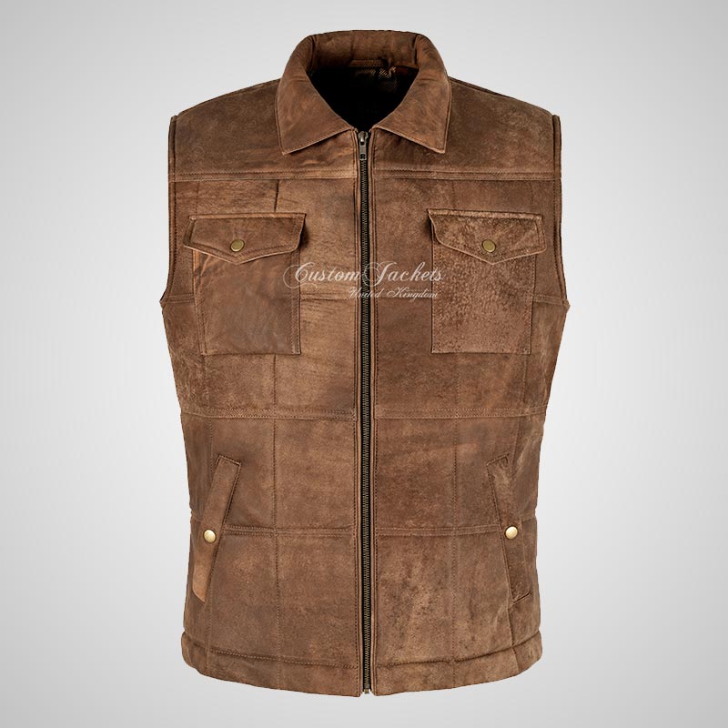 WANDERER Mens Leather Gilet Vintage Tan Leather Vest