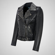 REBEL CHIC Studded Black Leather Biker Jacket for Women