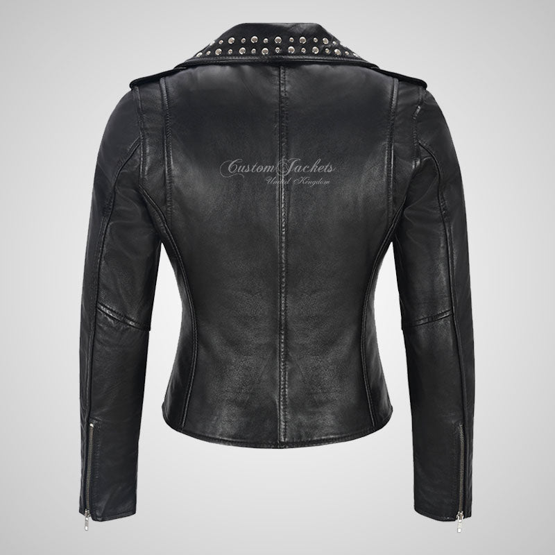 REBEL CHIC Studded Black Leather Biker Jacket for Women
