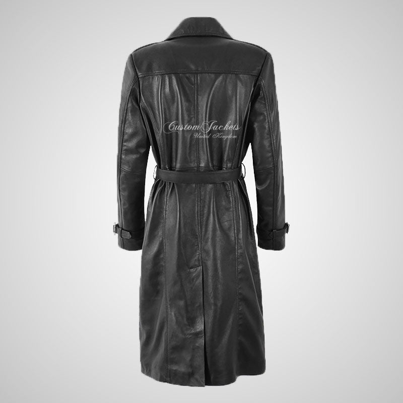 ROSA Ladies Leather Trench Coat Black Tie Belt 3/4 Length
