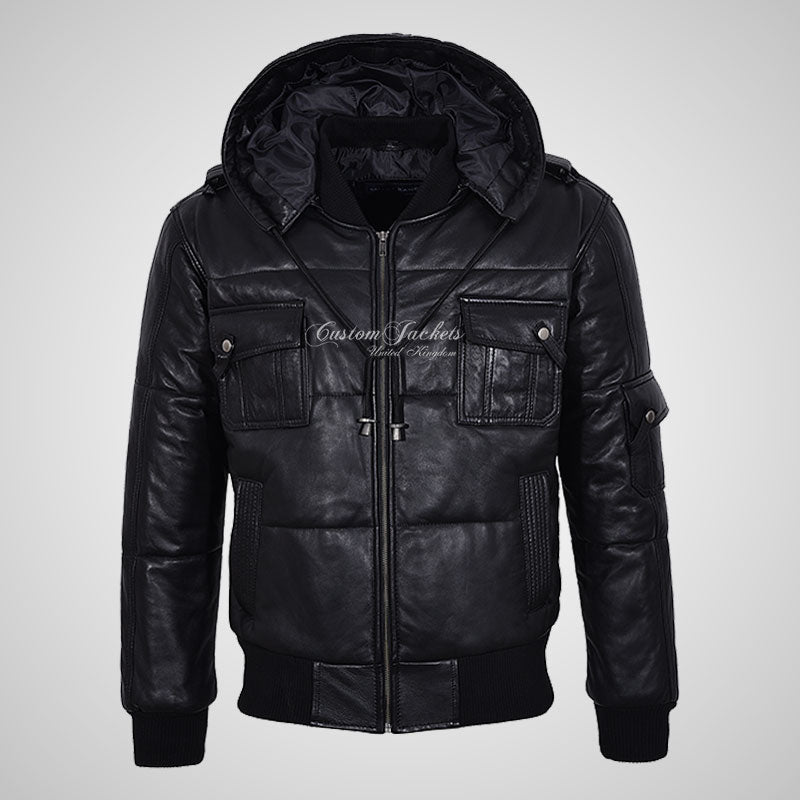 LOCKHEED Men Puffer Padded Bomber Leather Jacket with Removable Hood