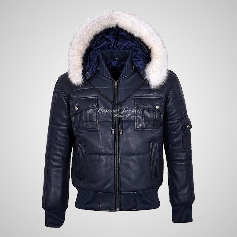 LOCKHEED Men Puffer Padded Bomber Leather Jacket with Removable Fur Hood
