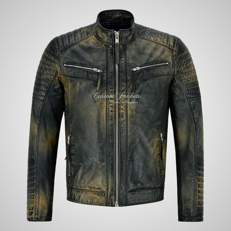 URIAH Mens Vintage Leather Biker Jacket Soft Lamb Napa Leather