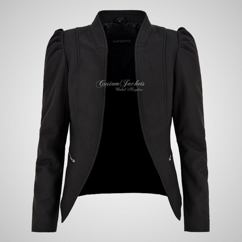 ELENA Ladies Matte Leather Puff Sleeves Leather Jacket