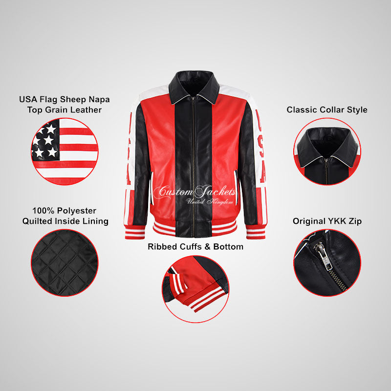 USA FLAG Leather Bomber Jacket for Men