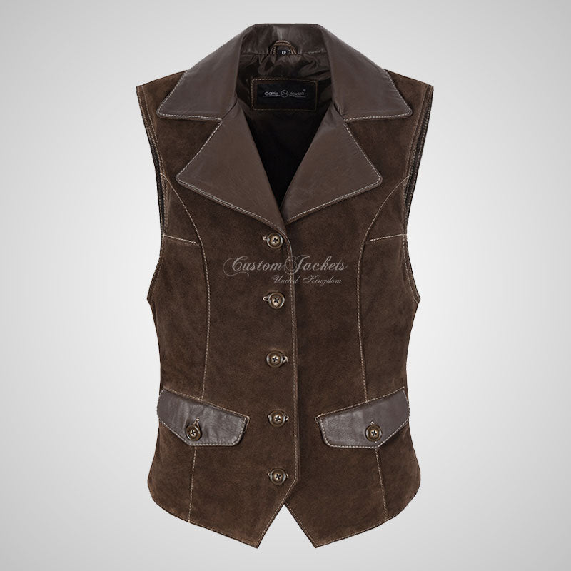 MABEL Ladies Suede Waistcoat Vest with Leather Collars