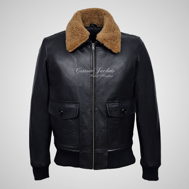 TOP GUN Men's Bomber Leather Jacket Natural Fur Collar