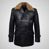 KRIEGSMARINE Mens Leather Pea Coat Fur Collar German Military Leather Jacket