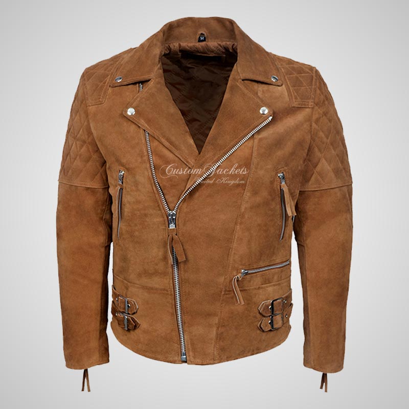 HIGHWAY Mens Suede Biker Jacket Suede Leather Jacket