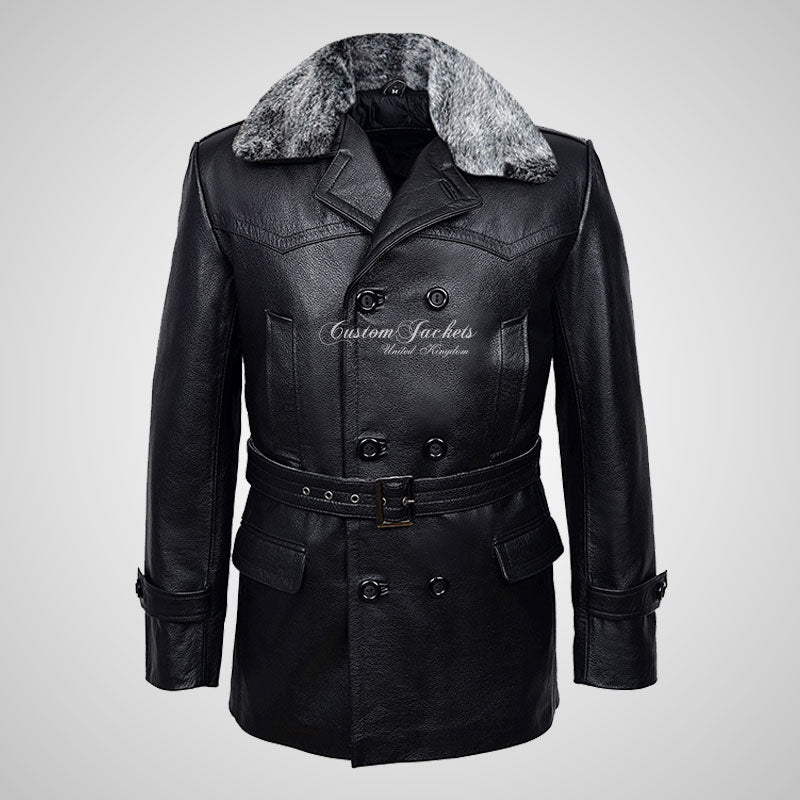 KRIEGSMARINE Mens Leather Pea Coat Faux Fur Collar Leather Jacket