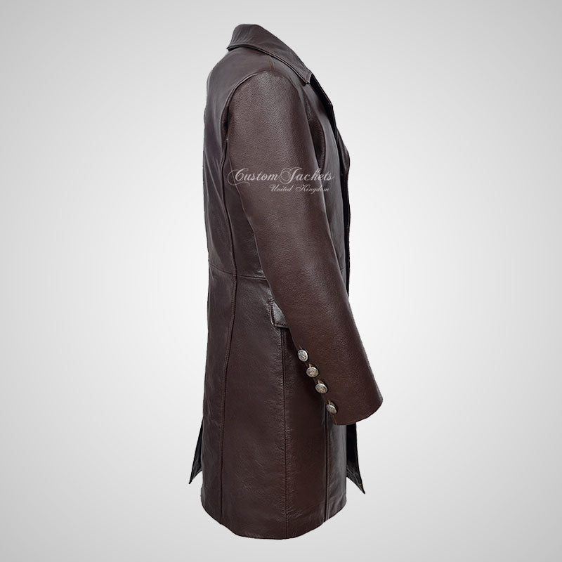 GERMAN Style 3/4 Length Mens Leather Long Coat