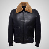 WINGMAN Fur Collar Leather Bomber Jacket Black For Men