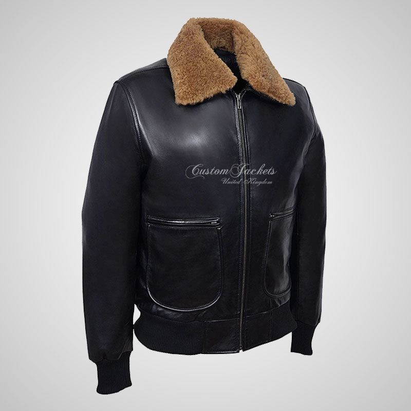 WINGMAN Fur Collar Leather Bomber Jacket Black For Men